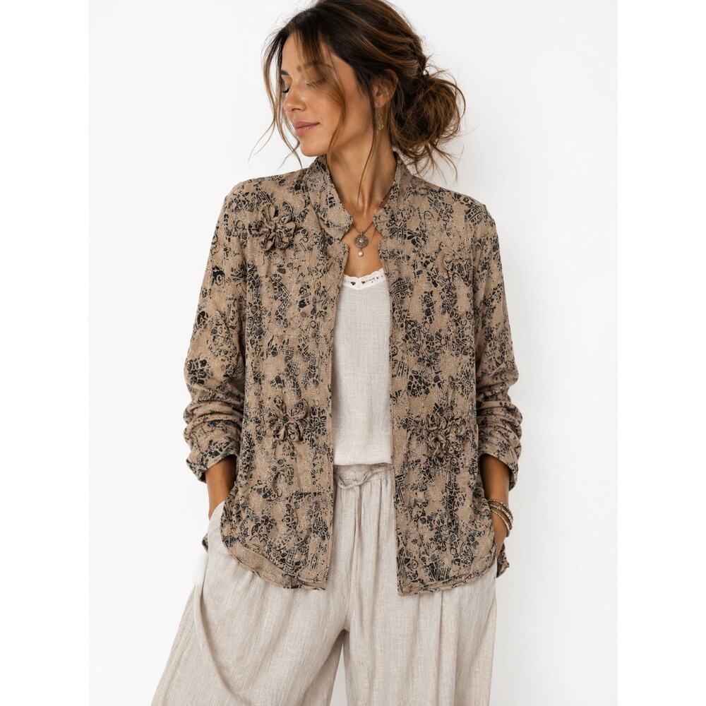 Chico’s Silk Linen Floral Appliqué Jacket Boho Coastal Grandma Sz 2 Artsy